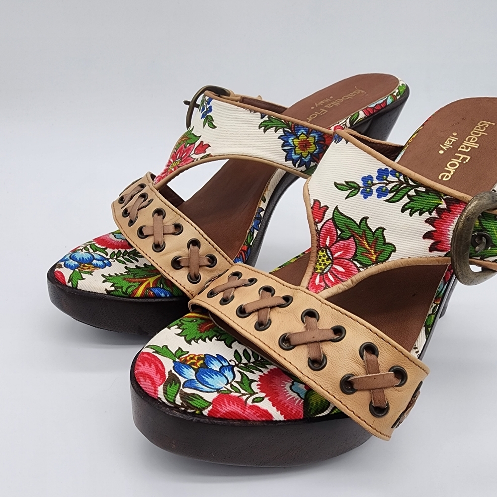 Isabella Fiore Italy Floral Wooden Platform Heel Clogs Sandals Size 5.5 - Picture 6 of 14
